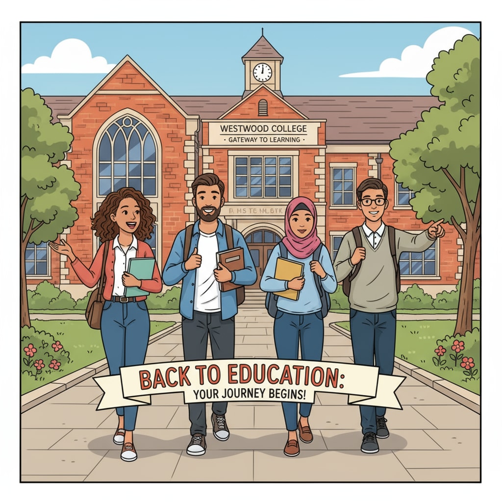 A group of students walking into a UK school building, looking positive and ready to learn. This represents the start of their journey back to education after dropping out. Students returning to school in the UK education system after dropping out