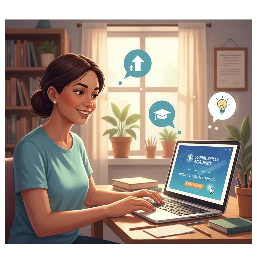 An image showing a low-income adult studying online with a positive expression, indicating the hope of restarting education Low-income adult restarting education through online high school GED option