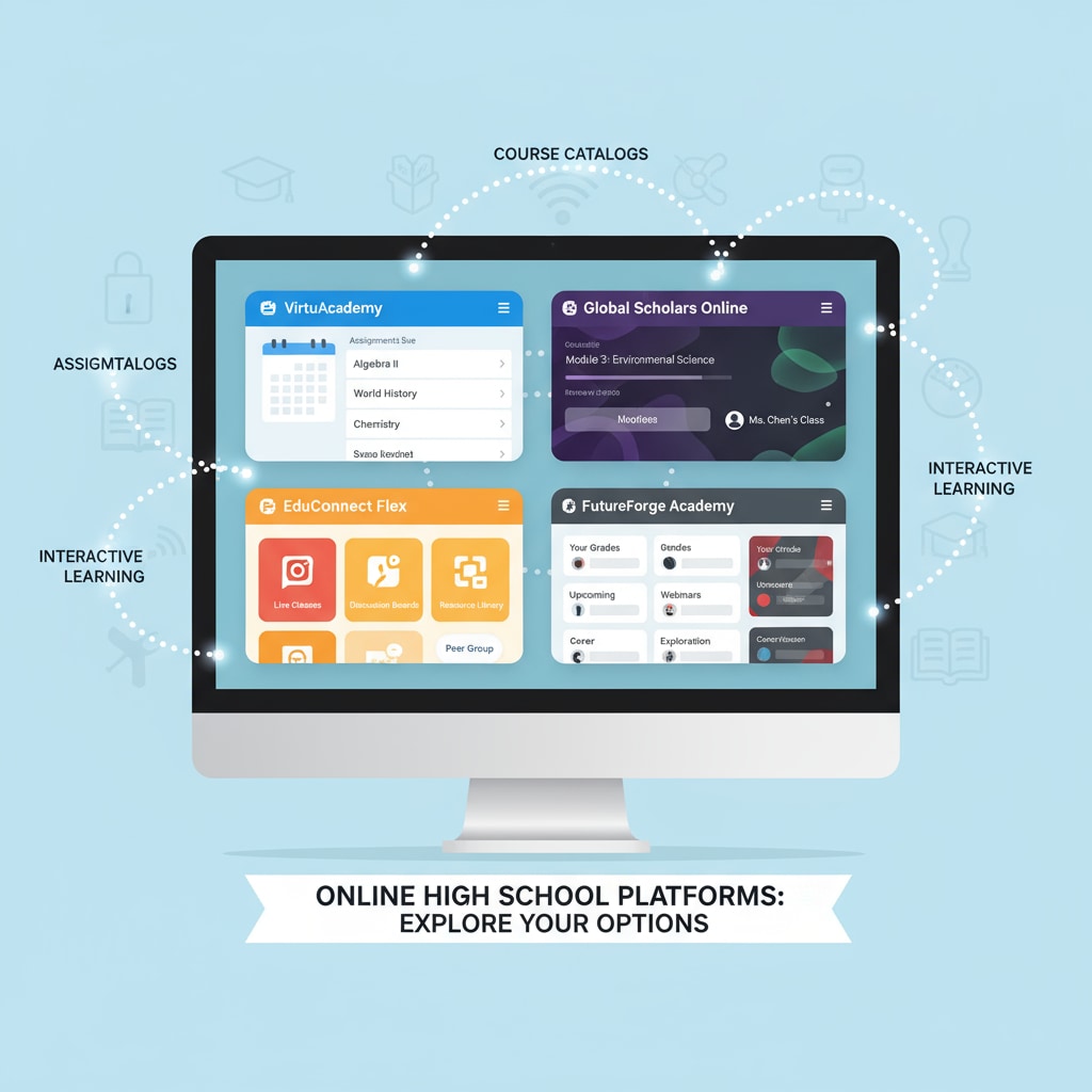 A collage of different online high school platforms' interfaces, showing the variety of options available Different online high school platforms for low-income adults pursuing GED