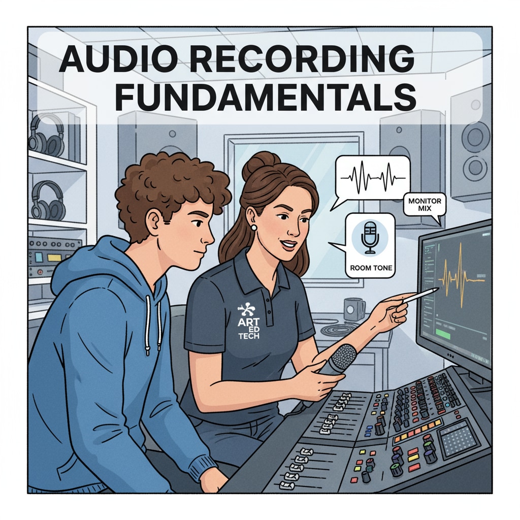A student is attentively learning audio recording techniques from a district-level art education technical support team member. The team member is demonstrating how to use the recording equipment and explaining the key points. Student learning audio recording from district-level art education technical support team