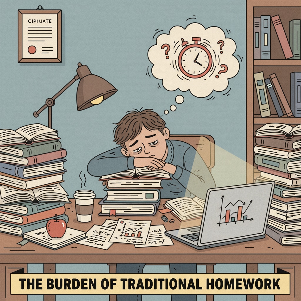 A student is sitting at a desk, looking exhausted while surrounded by textbooks and papers, representing the stress of traditional homework. A tired student doing traditional homework as a representation of its limitations