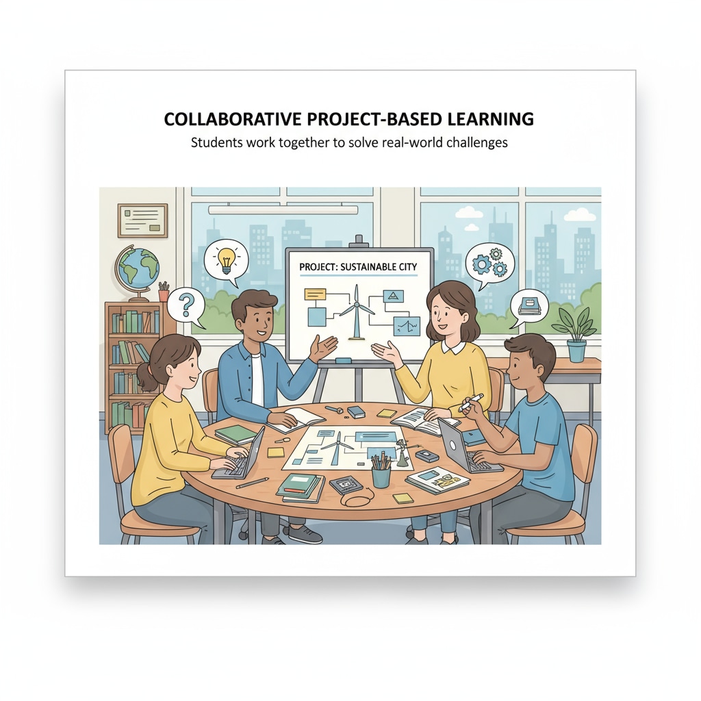 A group of students are gathered around a table, discussing and working on a project, showing the collaborative nature of project - based learning. Students engaged in project - based learning activities