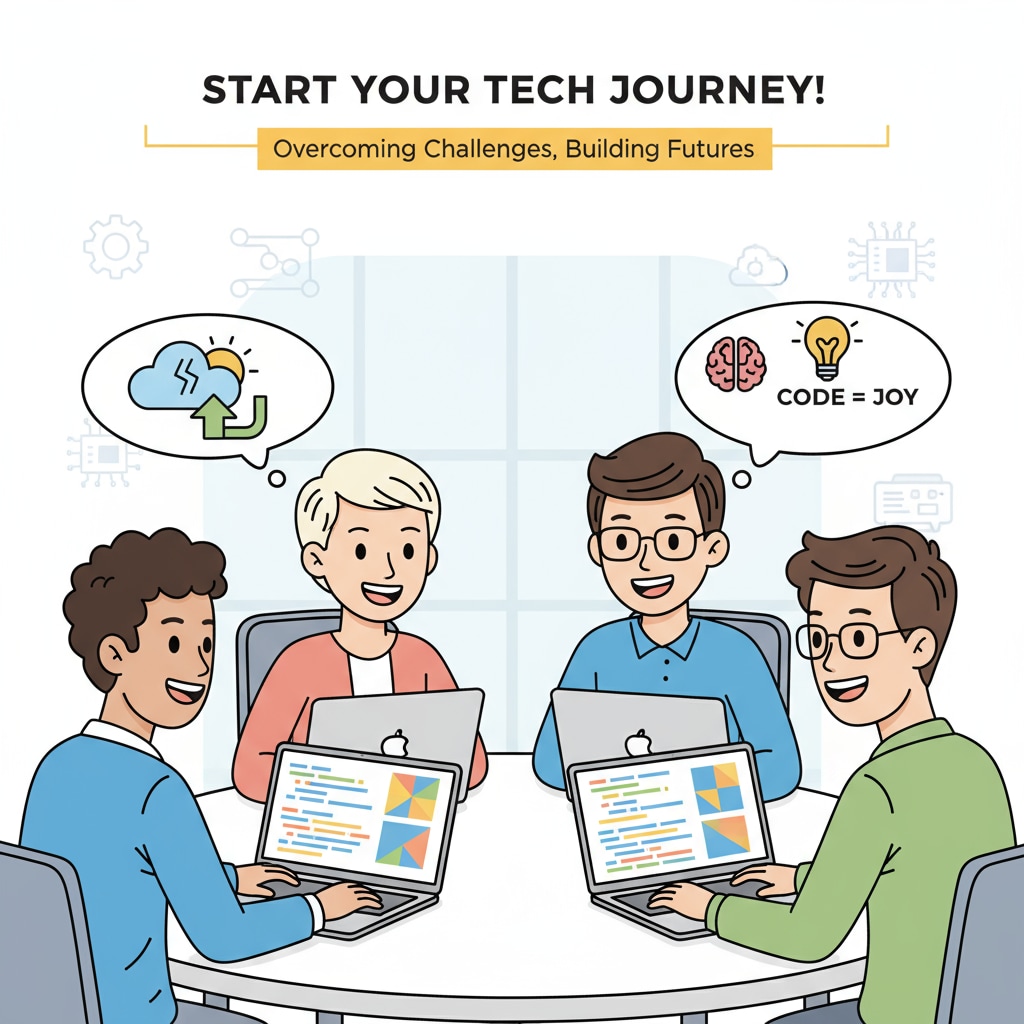 A group of young people are sitting around with laptops open, looking at the screens with smiles on their faces, indicating a positive attitude towards starting a computer career despite depression. Young people with laptops showing hope for computer career in the face of depression