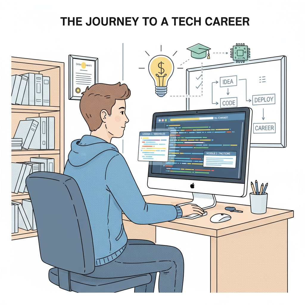 A person is sitting at a desk in front of a computer, intently looking at coding lessons on the screen, symbolizing the process of learning for a computer career. Person studying coding courses for a computer career