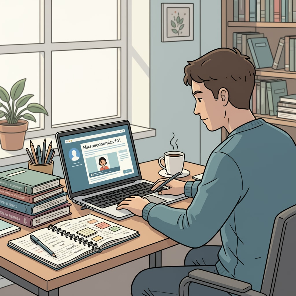 A person sitting at a desk, focused on an online learning course on a laptop, with books and notes beside, depicting an individual engaged in online study for education completion. Person studying for education completion through online learning with a laptop and books.