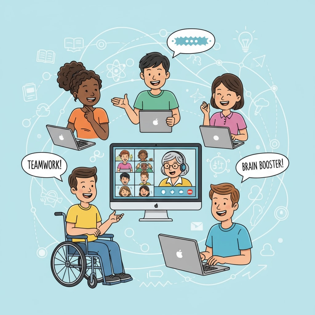 A group of diverse students smiling while participating in an online class on their devices, showing the collaborative and inclusive nature of online learning for education. Diverse students participating in an online class for education completion.