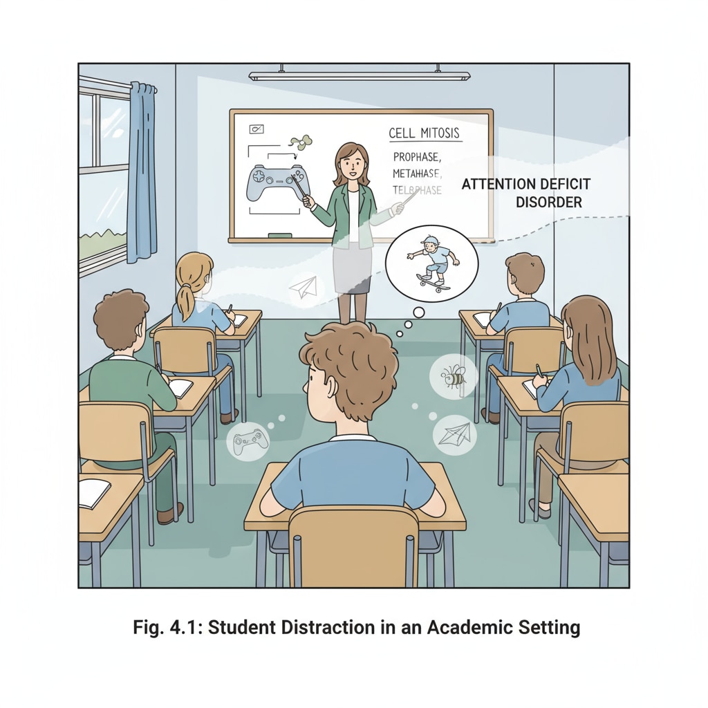 A student with attention deficit looking distracted during a lecture A student with attention deficit showing signs of distraction during theory learning