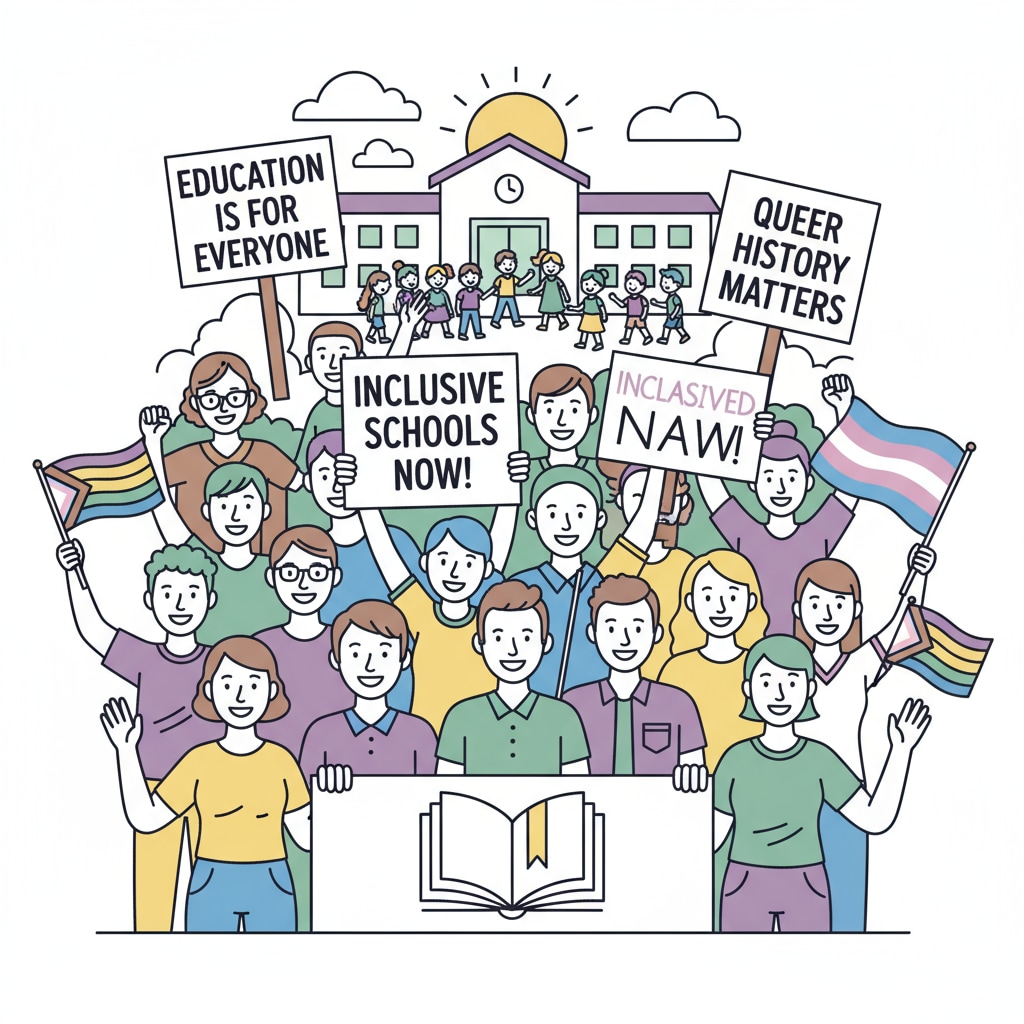 LGBTQ+ activists gather at a rally to show their support for inclusive education, holding signs with messages promoting equality. LGBTQ+ activists supporting inclusive education at a rally related to school board elections and education politics