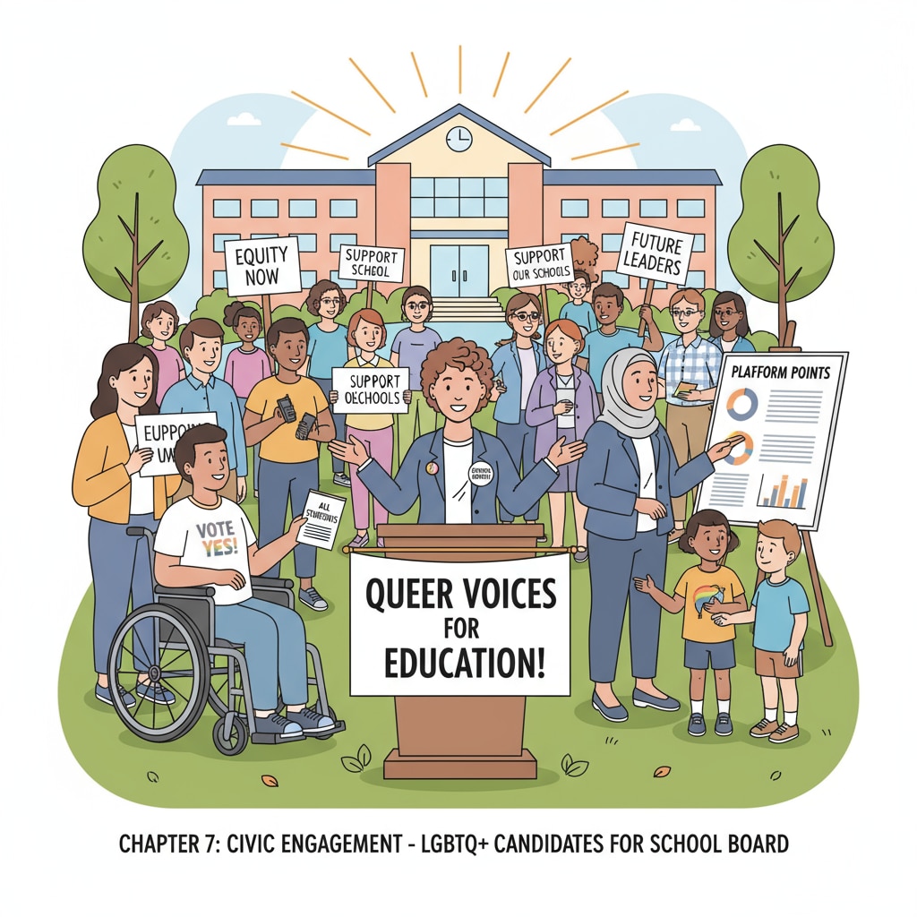 A group of LGBTQ+ candidates are seen campaigning for school board elections, engaging with community members and sharing their platforms. LGBTQ+ candidates campaigning for school board elections, influencing education politics
