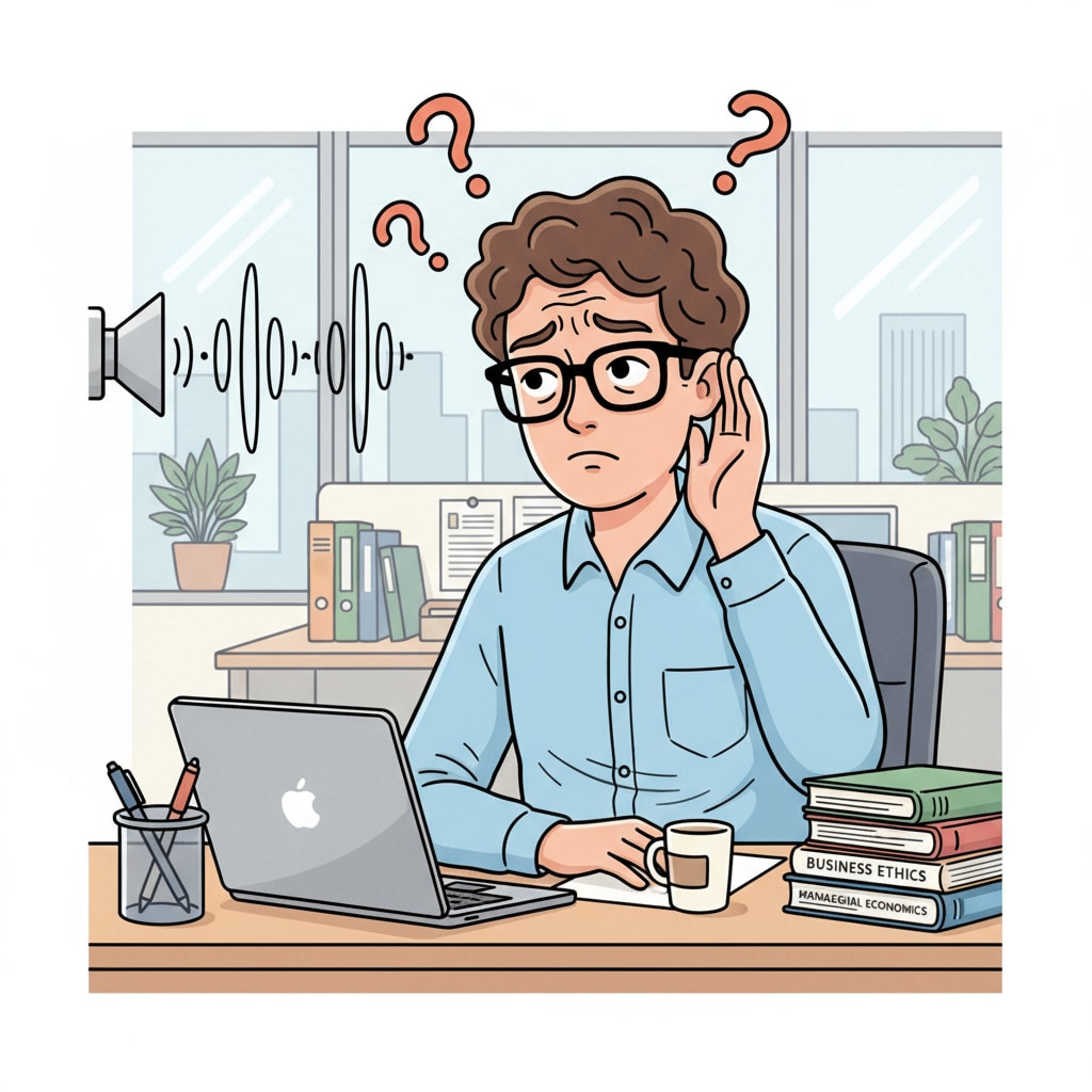 A person is sitting at a desk, with a slightly confused expression on their face, as they are listening to an unknown sound in the office. A person sitting at a desk during work being confused by a sound which turns out to be a violin later, related to violin, misunderstanding, work experience