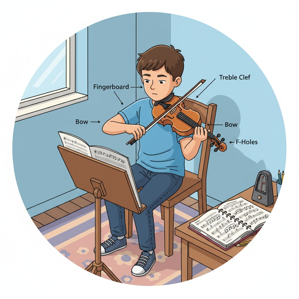 A young student is holding a violin and practicing in a small room, with sheets of music in front of them. A student practicing the violin, an incident that led to a misunderstanding during work, related to violin, misunderstanding, work experience