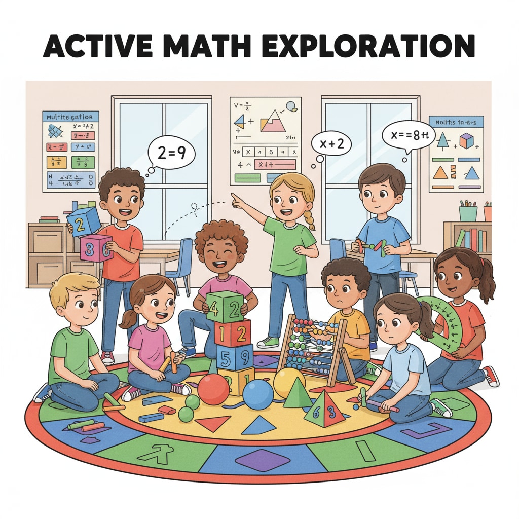 A group of 9-year-old children are actively participating in a hands-on math activity, showing enthusiasm and engagement. 9-year-old children engaged in a math activity to address math difficulties and benefit from educational programs.