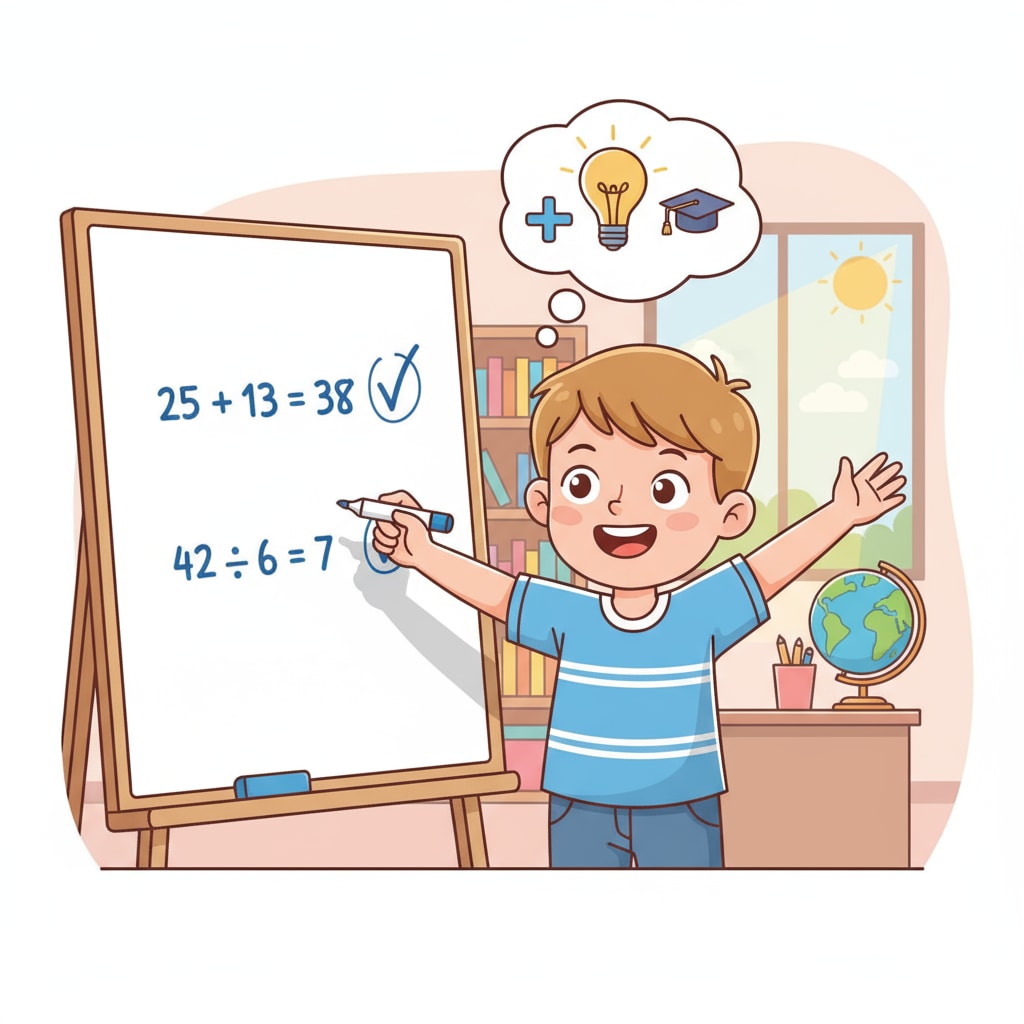 A young child has a big smile on their face after correctly solving a math problem, indicating increased confidence in math learning. A child's expression of confidence after overcoming math difficulties through educational programs.