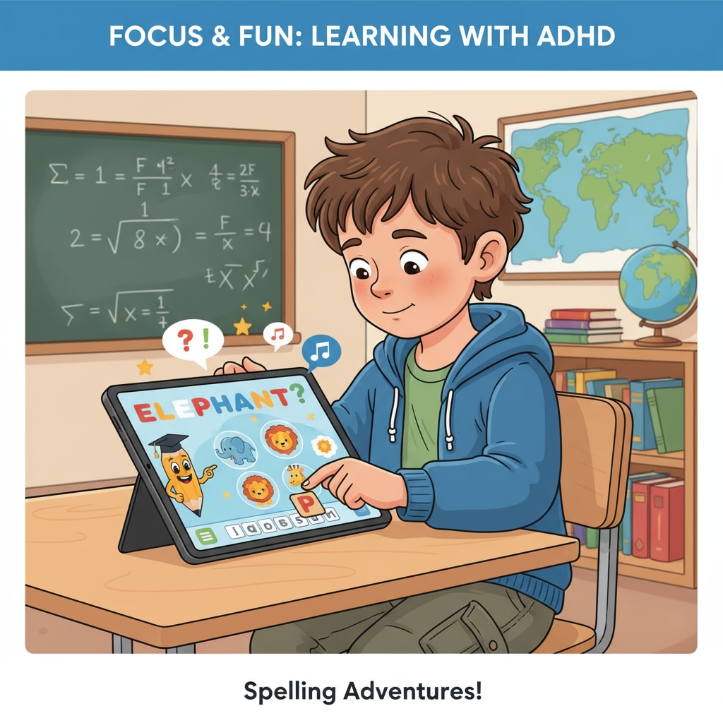 A child with ADHD is attentively using an educational app on a tablet to practice spelling words. The app has colorful graphics and interactive elements. ADHD child using an educational app for spelling learning
