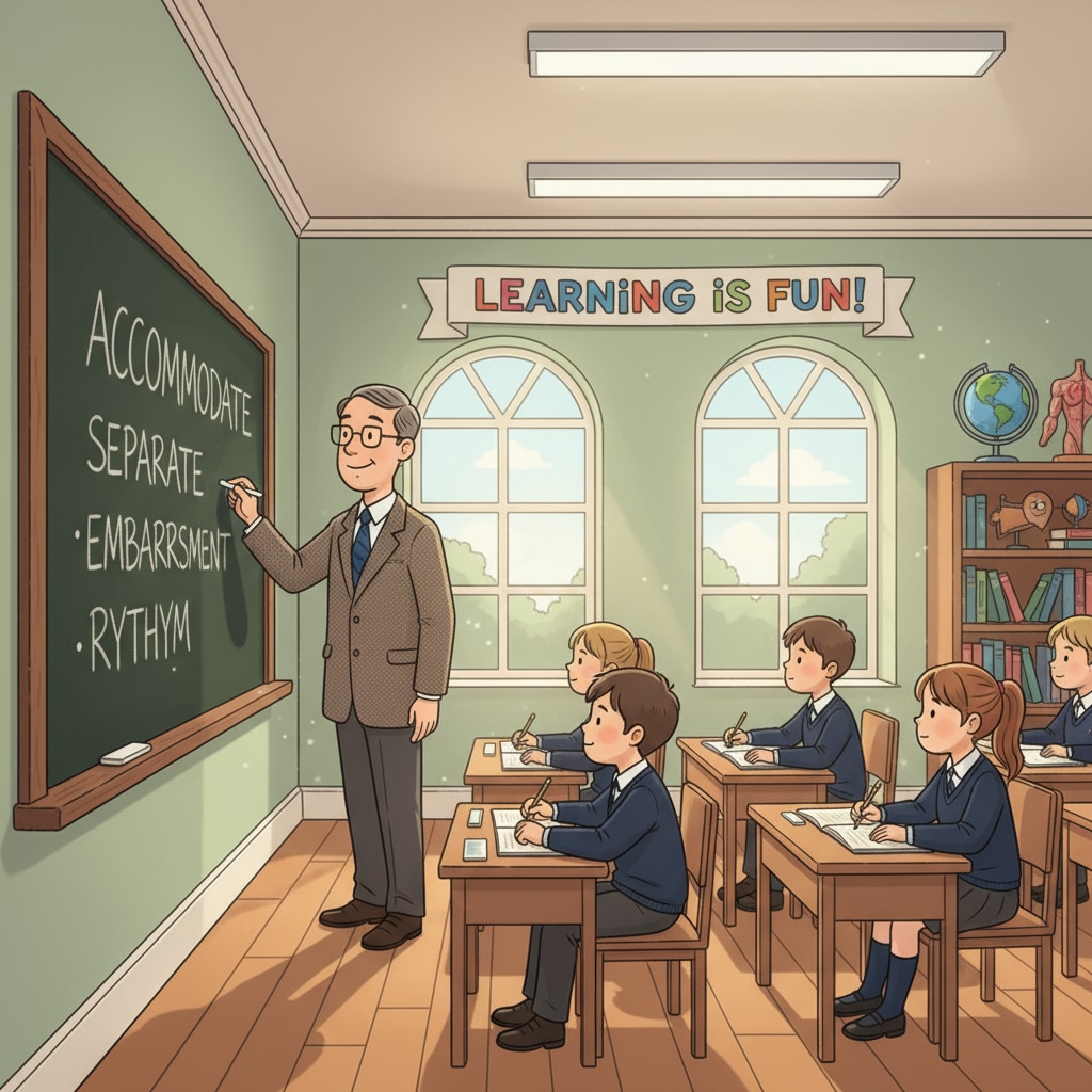 A traditional classroom scene where a teacher is writing spelling words on the blackboard and students are sitting at their desks. Traditional spelling teaching methods in a classroom