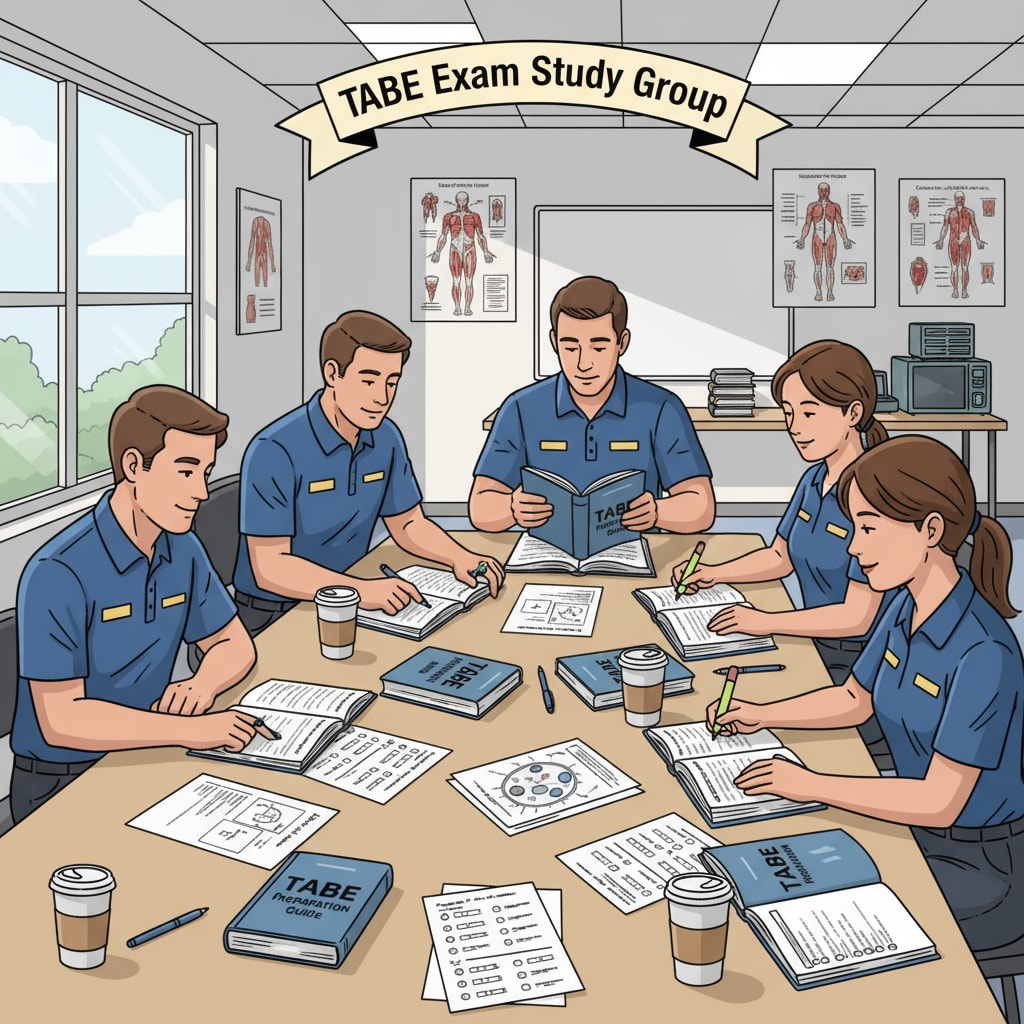 A group of EMT trainees sitting around a table, studying books and papers related to the TABE exam. EMT trainees preparing for the TABE exam on their way to becoming firefighters