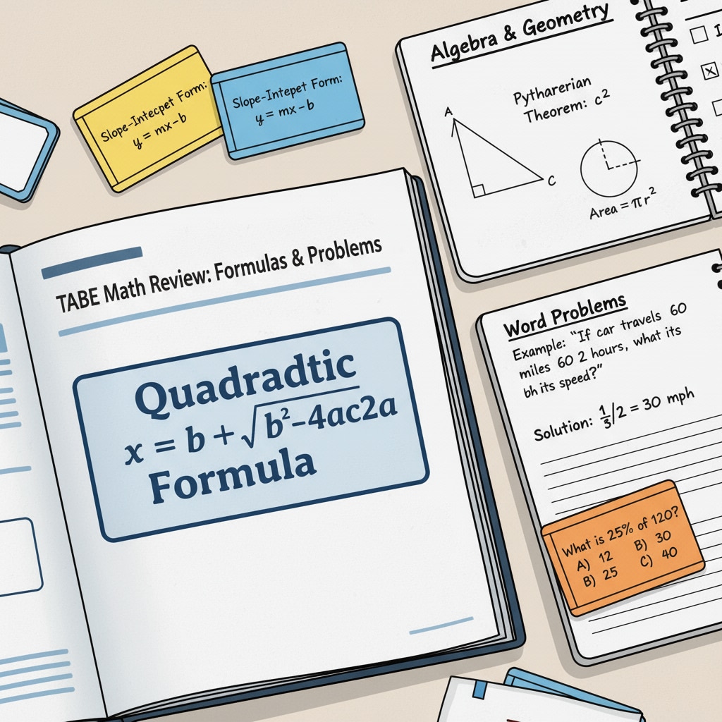 A close-up view of textbooks, notebooks, and flashcards with TABE exam math problems and formulas. TABE exam study materials for math section preparation for aspiring firefighters