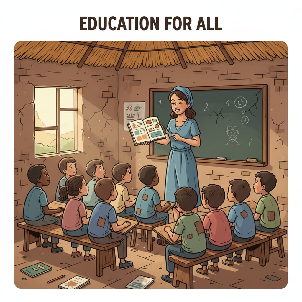 A teacher standing in front of a class in a school with limited facilities, trying to teach students. The impact of resource allocation on teaching in South Africa