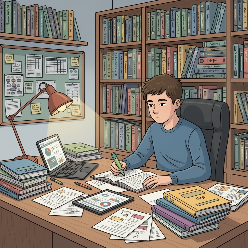A teenager is sitting at a desk at home, surrounded by books related to GCSE courses, studying independently. Teenager using self-learning resources for GCSE courses at home