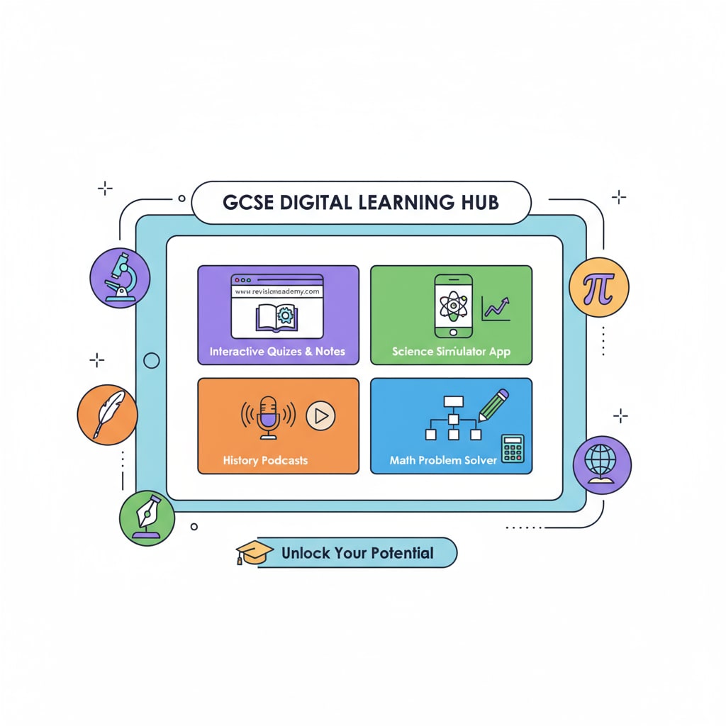 A screen showing various digital educational resources like websites and apps for GCSE learning. Digital self-learning resources for GCSE courses