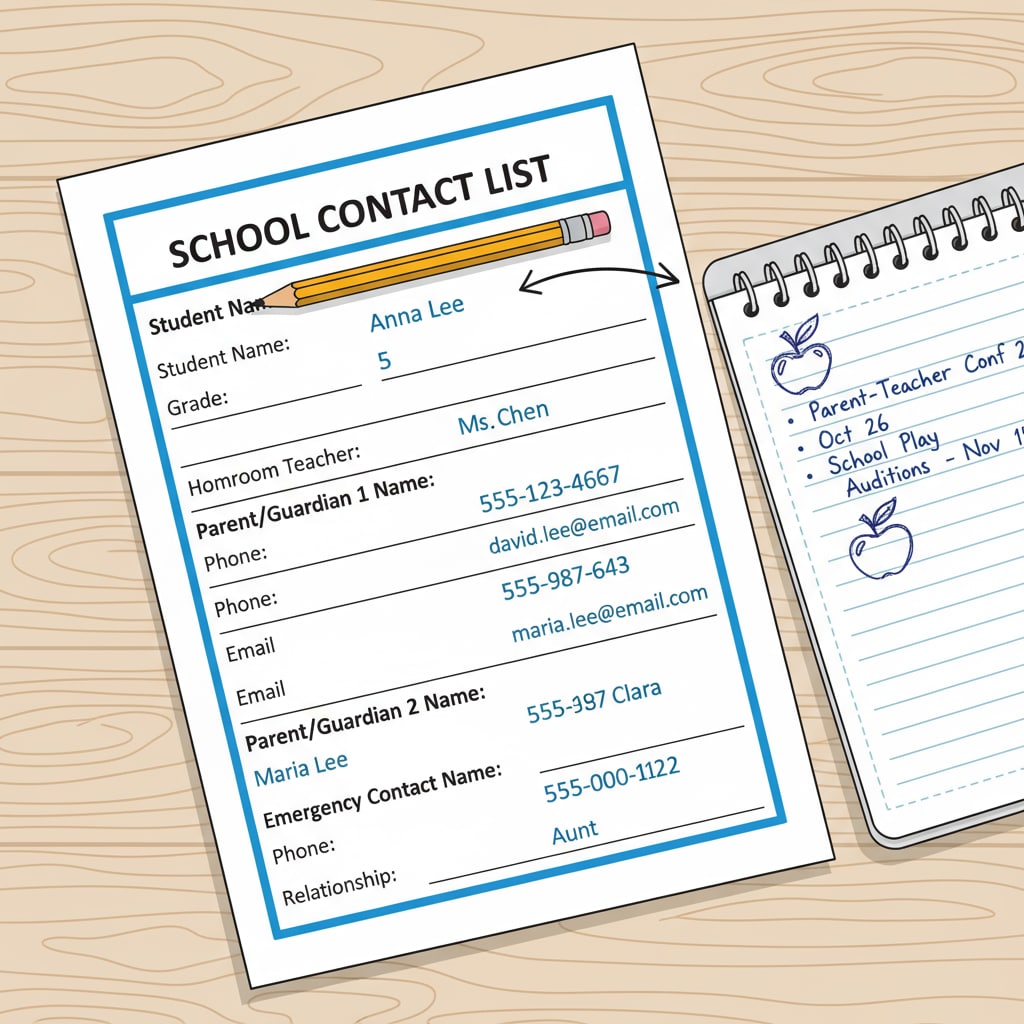 School contact list form on a desk related to family privacy and parental divorce