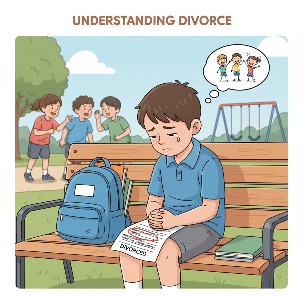 A child looking sad after facing ridicule due to contact list error regarding parental divorce