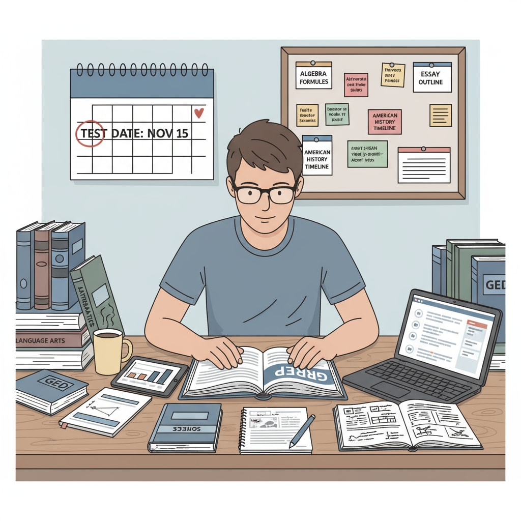 A student is shown studying for the GED exam at a desk, surrounded by books and study materials, highlighting the focus on preparing for this alternative high school diploma. A student preparing for the GED exam as an alternative to a traditional high school diploma