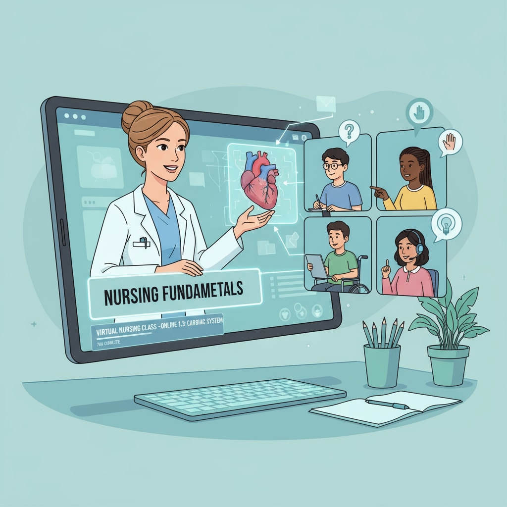 A virtual classroom setting where students are attending an online nursing class, interacting with the instructor and each other. Online nursing students in a virtual class, no ACT/SAT required