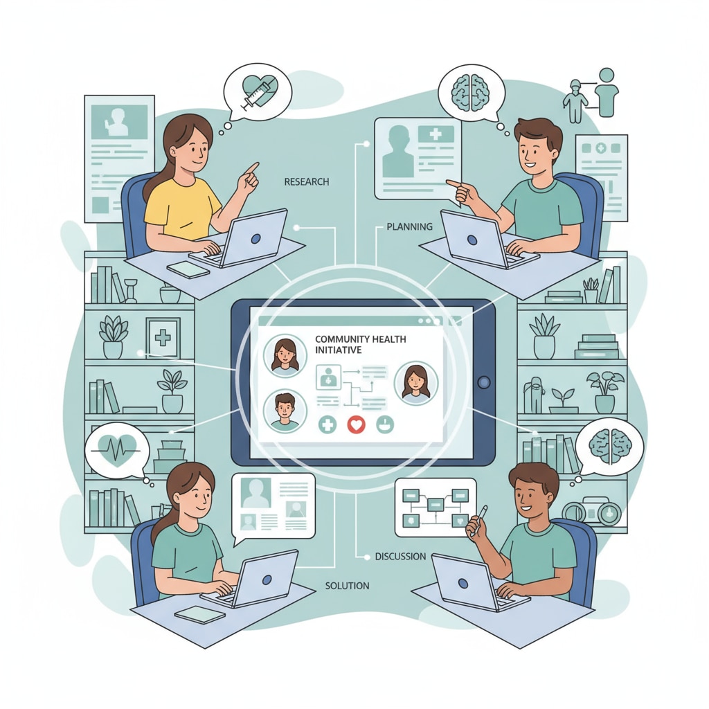 A group of online nursing students collaborating on a project, sharing ideas and working together. Online nursing students collaborating on a project, no ACT/SAT needed