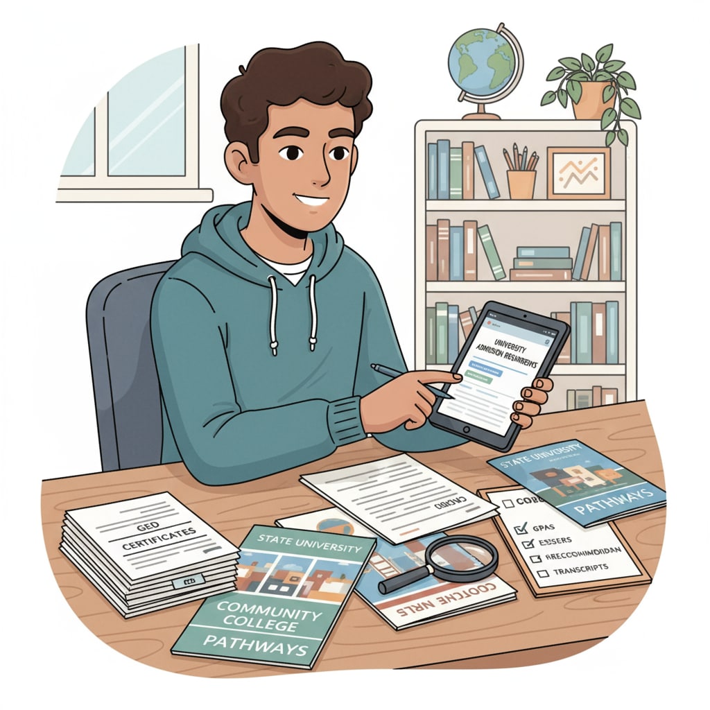 A student reviewing college admission requirements, with GED certificates and college brochures on the table Student reviewing admission requirements for four-year college with GED certificates
