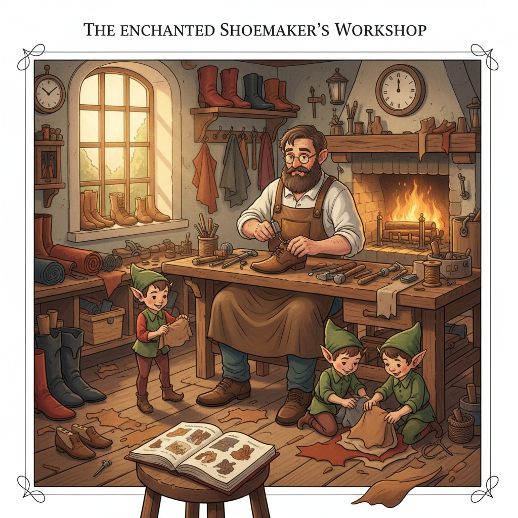 A scene from the fairy tale where a shoemaker and elves are working on leather shoes in a warm and cozy workshop, with tools and leather pieces scattered around. A shoemaker and elves in a workshop related to leather education for children inspired by fairy tale metaphors