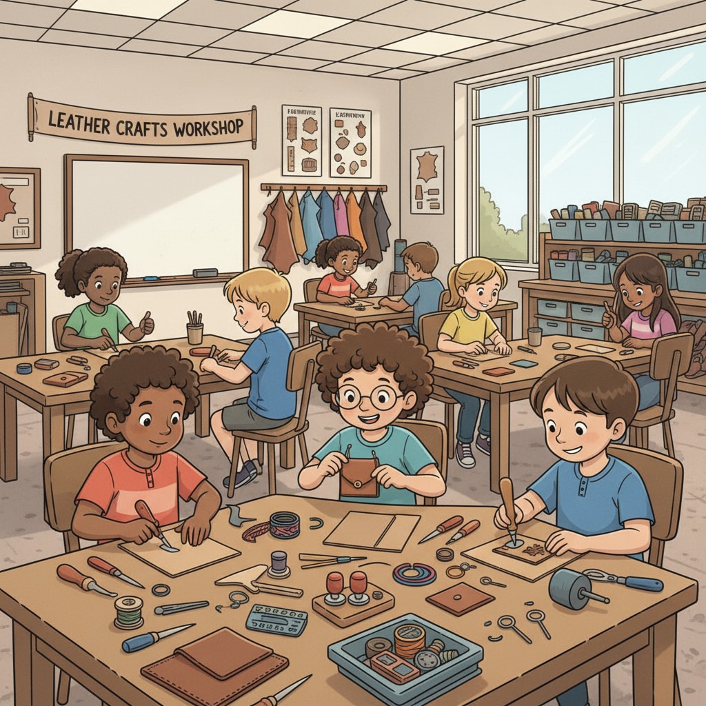 A classroom setting where children are engaged in leather projects, with smiles on their faces as they cut, stitch, and design their leather items. Children participating in leather education activities inspired by fairy tale metaphors