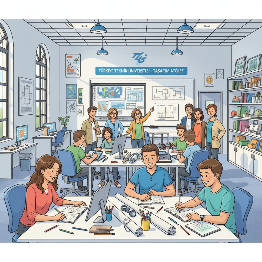 A modern and well-equipped design classroom in a Turkish university, with students engaged in design activities. A design classroom in a Turkish university offering English-taught programs for Indian artists
