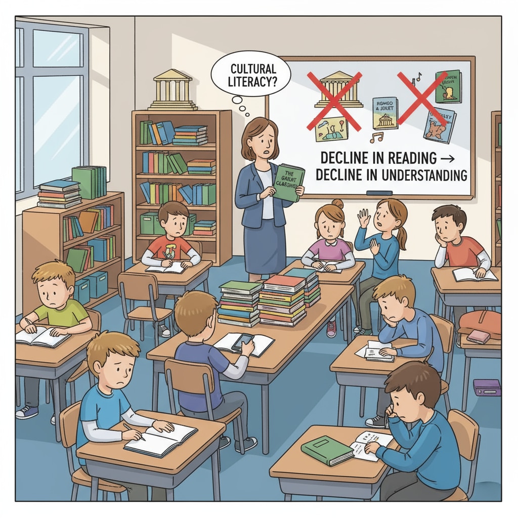 A classroom scene where students seem disinterested in reading books, which reflects the possible decline in reading enthusiasm related to the decline in cultural literacy. A classroom scene showing the possible decline in students' reading ability and cultural literacy