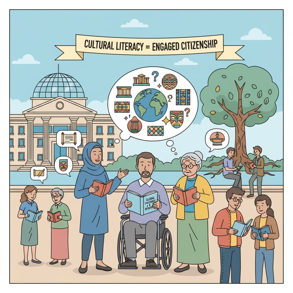 A group of people discussing political issues in a public space, indicating the importance of cultural literacy for democratic engagement. People discussing political issues, highlighting the link between cultural literacy and democracy