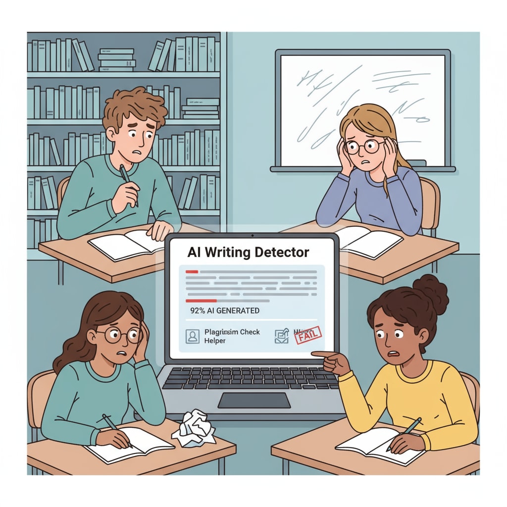 A group of high school students looking confused while writing essays with a laptop showing an AI detection tool interface High school students writing essays with AI detection tool interface