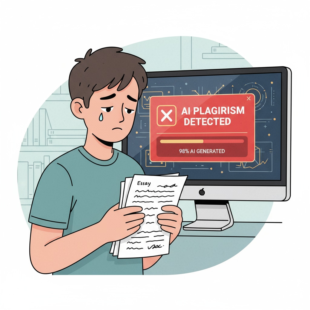 A student holding a written essay with a sad expression while a red alert on an AI detection tool is shown on the screen Student with a sad expression due to AI detection false alarm