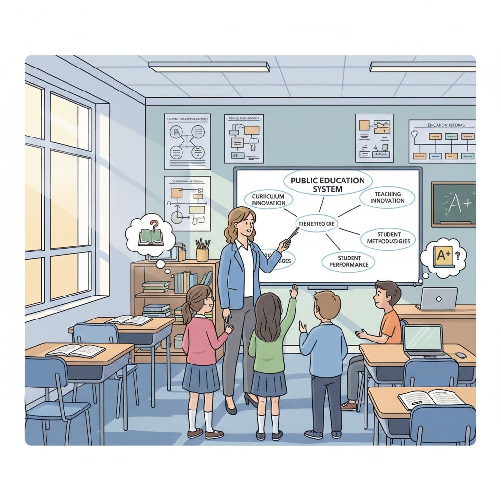 A classroom scene where students and a teacher are engaged in discussions about various aspects of public education, such as curriculum, teaching methods, and student performance. Classroom scene related to public education, parent complaints, teacher feedback, and curriculum disputes