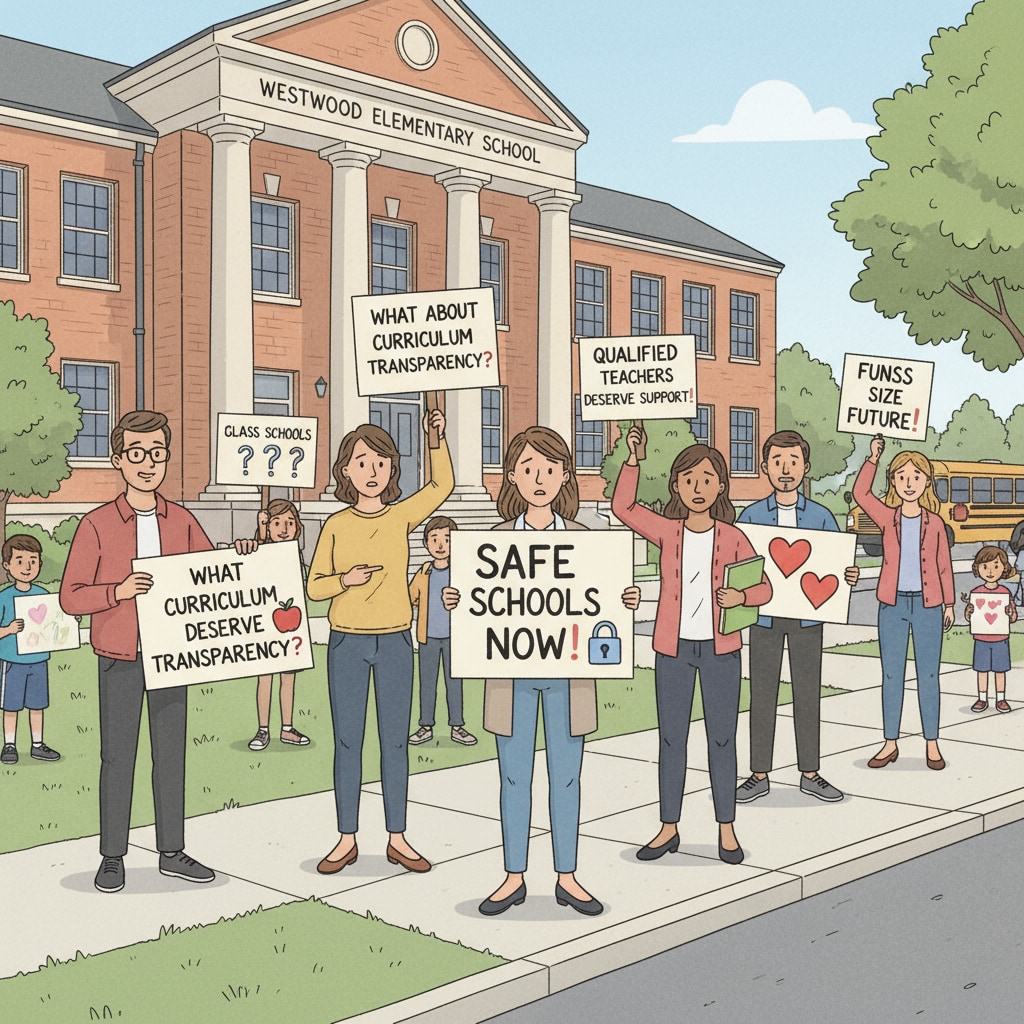A group of parents standing outside a school, holding signs and expressing their concerns about different issues in public education, including safety, curriculum, and teacher quality. Parents expressing concerns about public education, parent complaints, teacher feedback, and curriculum disputes