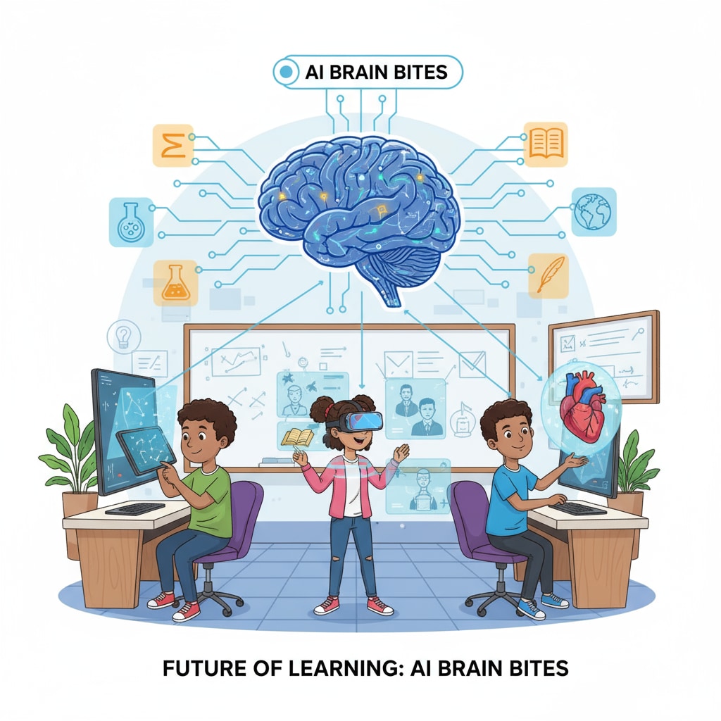 An illustration showing students interacting with AI Brain Bites to learn various educational concepts Students using AI Brain Bites for educational learning