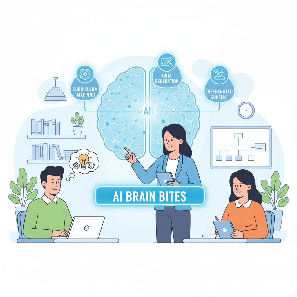 A graphic depicting educators using AI Brain Bites to prepare lessons Educators leveraging AI Brain Bites for lesson preparation