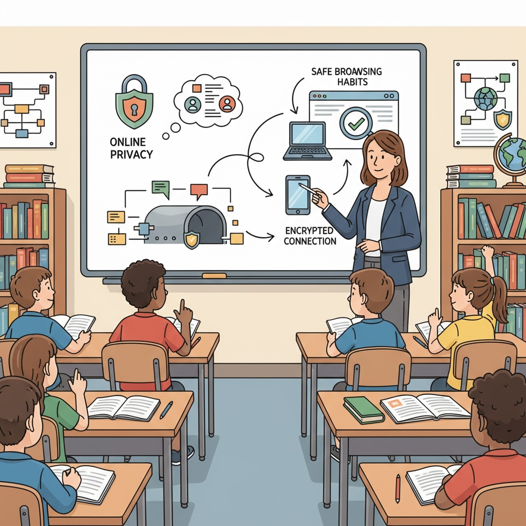 A group of students are sitting in a classroom, listening intently as their teacher uses a whiteboard to explain various cybersecurity concepts like online privacy and safe browsing habits. Students learning about cybersecurity concepts in a classroom setting to enhance student engagement in cybersecurity teaching.
