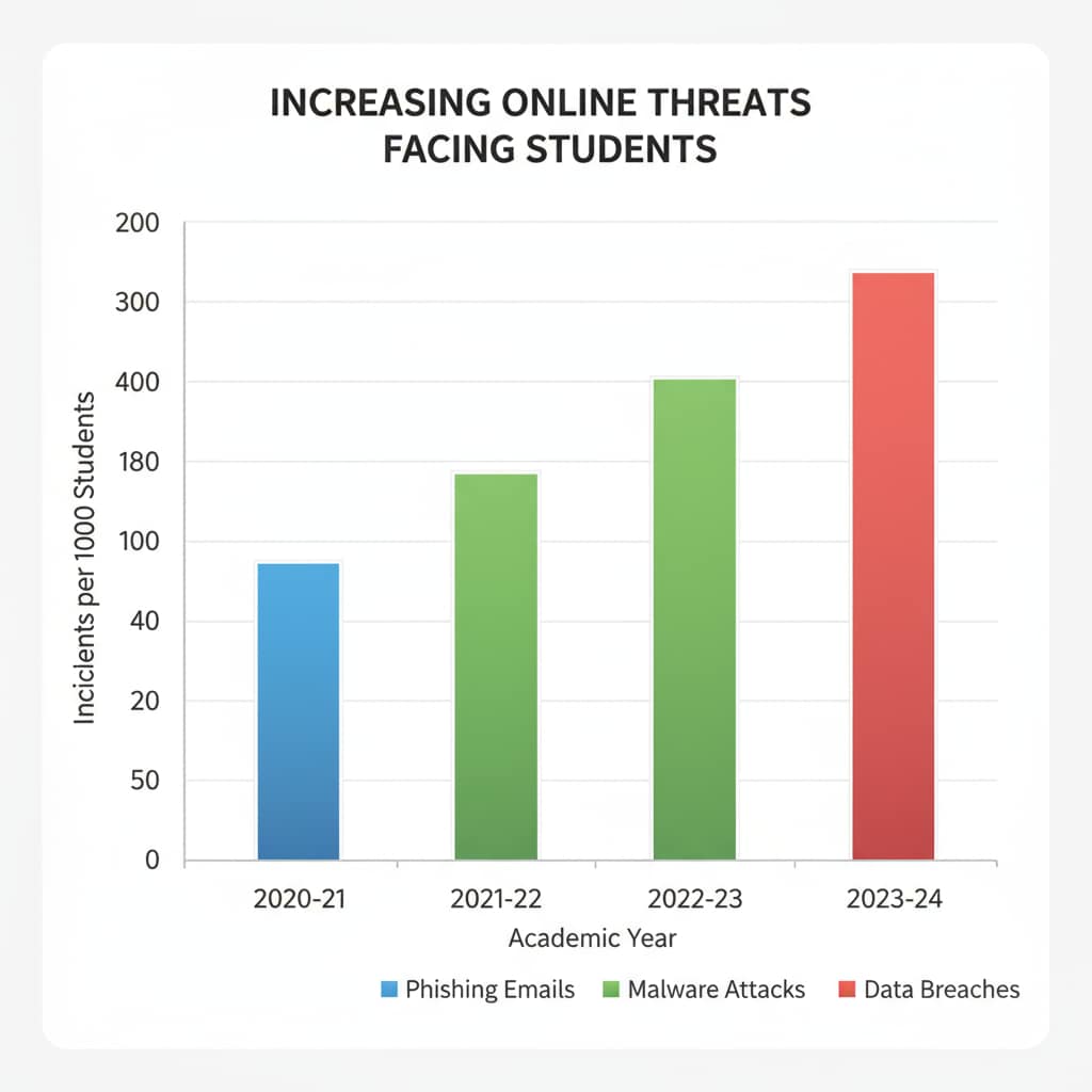 A bar graph displays the rising numbers of different types of online threats, such as phishing emails, malware attacks, and data breaches, that students encounter over a period of time. Graph showing the increasing online threats faced by students to emphasize the need for effective cybersecurity educational methods.