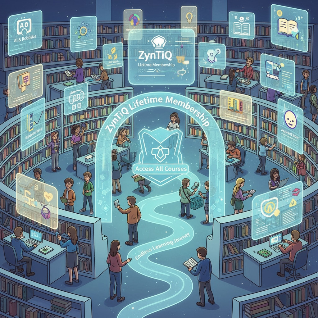 An illustration depicting students exploring a vast library of courses accessible through ZynTiQ's lifetime membership, highlighting the wide range of learning opportunities. Illustration of students accessing courses via ZynTiQ's lifetime membership for AI education and certified courses