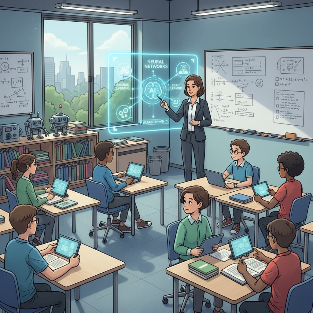 Students are sitting at desks in a modern classroom, listening intently as the teacher explains concepts related to AI courses. Students learning about AI courses in a classroom