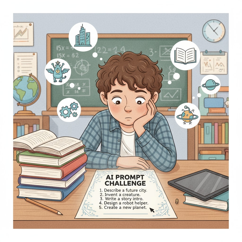 A young student is sitting at a desk, looking at a piece of paper with written prompts for an AI task, with a thoughtful expression. Student brainstorming prompts for an AI task