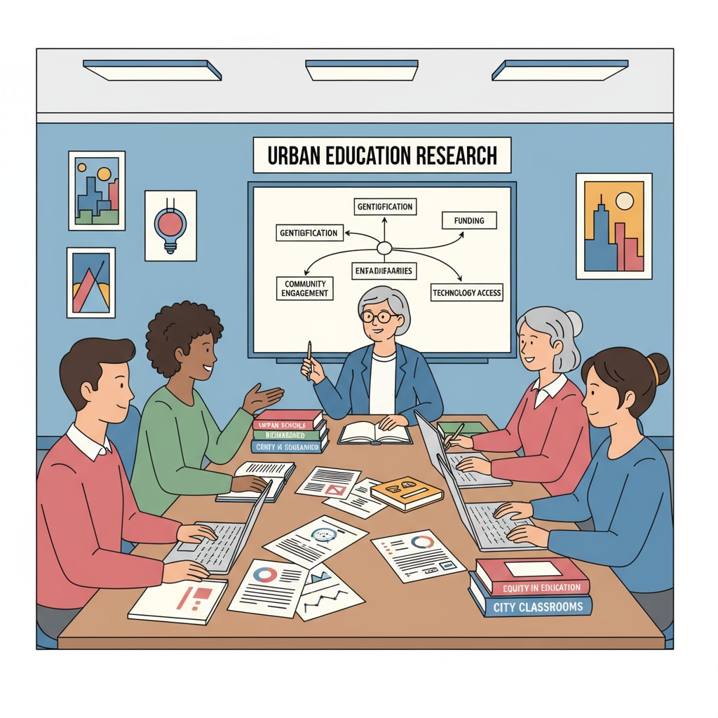 Students are engaged in a discussion about urban education research in a classroom setting, with books and papers spread out on the table. Students discussing urban education research for a university project through virtual interviews.