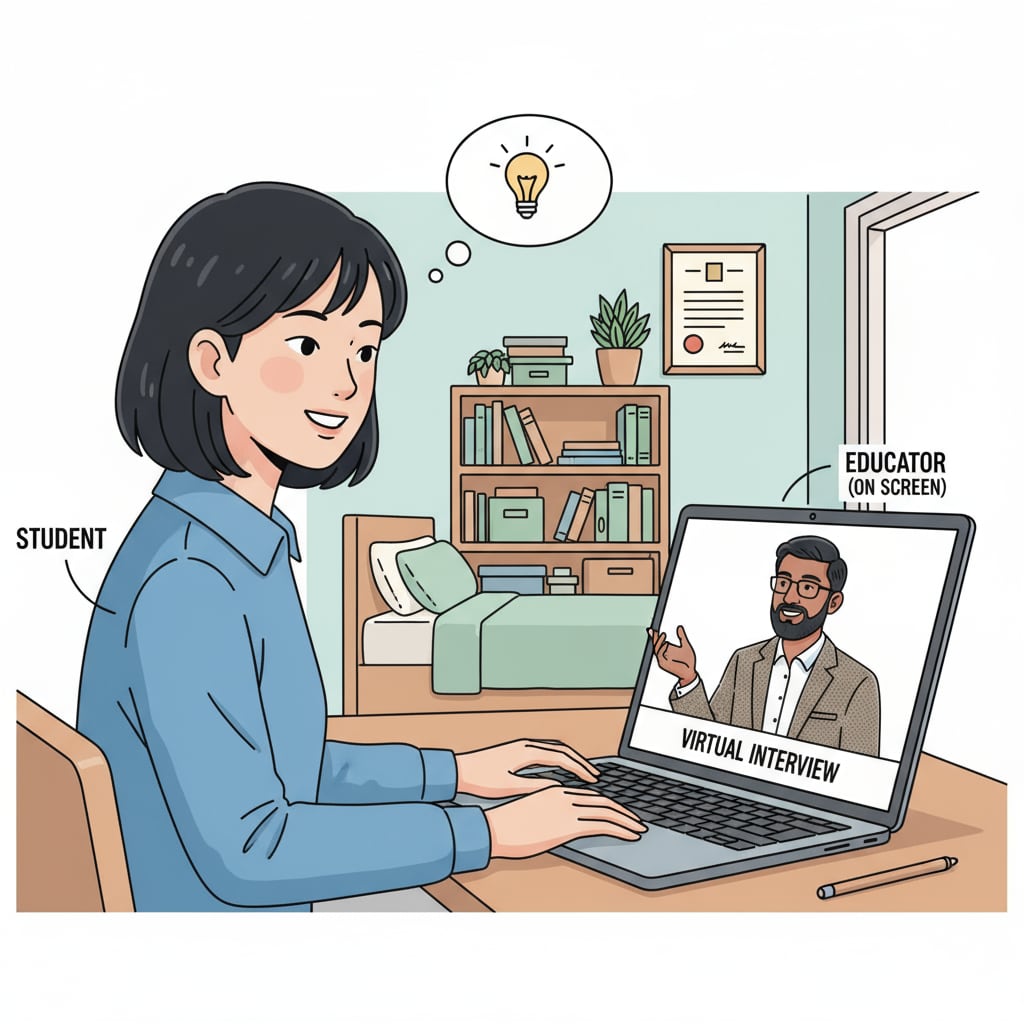 A student is sitting in front of a computer, conducting a virtual interview with an educator who can be seen on the screen. A student conducting a virtual interview with an educator as part of a university urban education project.