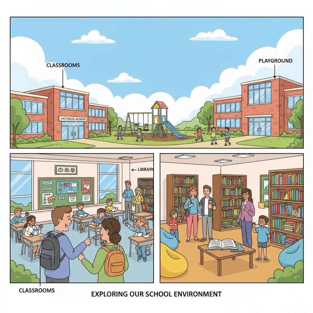 A group of parents and children are exploring a public school campus. They are looking at classrooms, libraries, and playground areas, getting a feel for the school environment. Parents and children visiting a public school for educational choice considerations