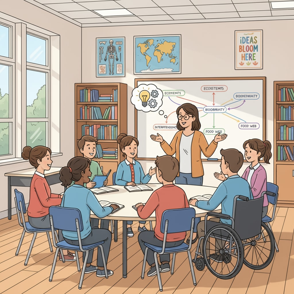 Students in a public school classroom are engaged in a group discussion. The teacher is facilitating the conversation, and students are actively sharing their ideas, showing the learning atmosphere in the school. Students in a public school classroom during an educational visit